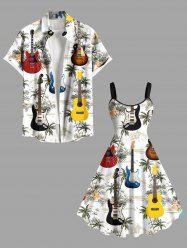 Tenue de plage hawaïenne assortie grande taille à imprimé guitare et fleurs de cocotier pour couples - Blanc 