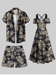 Tenue de plage hawaïenne assortie grande taille à imprimé tête de mort et roses pour couples - Noir 