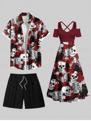 Rose Flower Skulls Skeleton Print Plus Size Matching Hawaii Beach Outfit For Couples -  