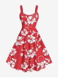 Robe débardeur hawaïenne grande taille à imprimé feuilles tropicales et fleurs d'hibiscus - Rouge XXS