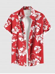 Plus Size Tropical Leaf Hibiscus Flowers Print Buttons Pocket Hawaii Shirt For Men -  