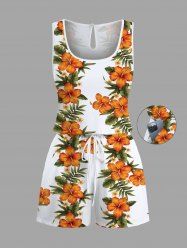 Plus Size Tropical Leaf Hibiscus Flower Print Cinched Hawaii Romper -  