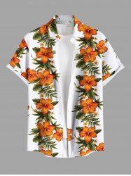 Plus Size Tropical Leaf Hibiscus Flower Print Buttons Pocket Hawaii Shirt For Men -  