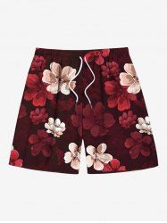 Plus Size Ombre Flower Print Hawaii Drawstring Beach Shorts For Men -  