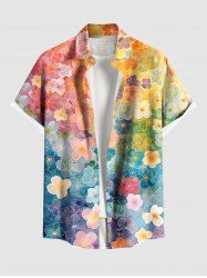 Plus Size Ombre Colorful Flowers Print Buttons Pocket Hawaii Shirt For Men -  
