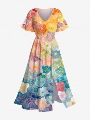 Plus Size Ombre Colorful Flowers Print Split Hawaii Midi Dress -  