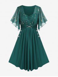 Robe grande taille à imprimé étoiles, poches à boutons et boucles, manches papillon froncées - Turquoise 3X | US 22-24