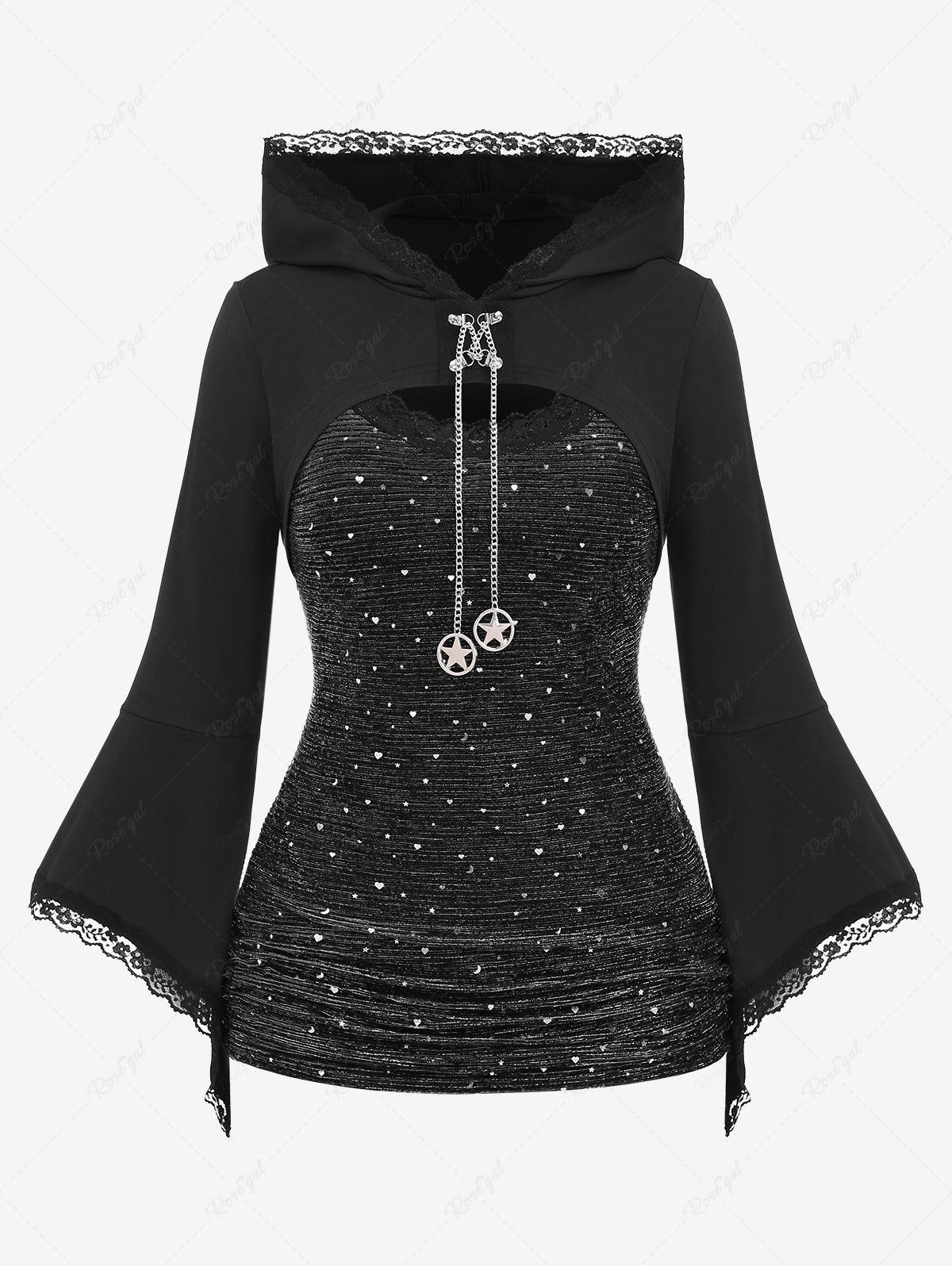 T-shirt à capuche texturé à manches cloche froncées et bordure en dentelle grande taille Noir L | US 12