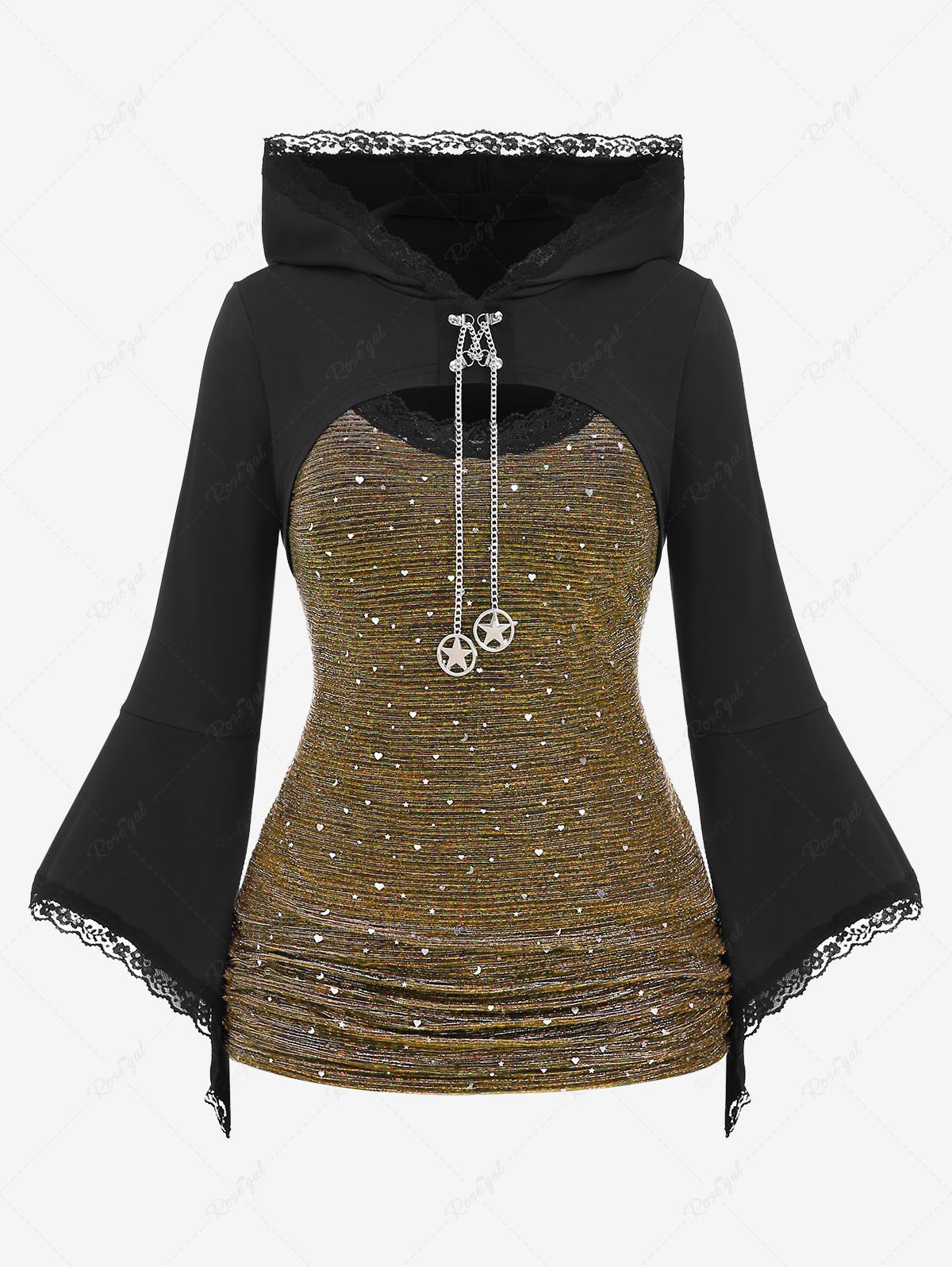 T-shirt à capuche texturé à manches cloche froncées et bordure en dentelle grande taille Jaune 2X | US 18-20