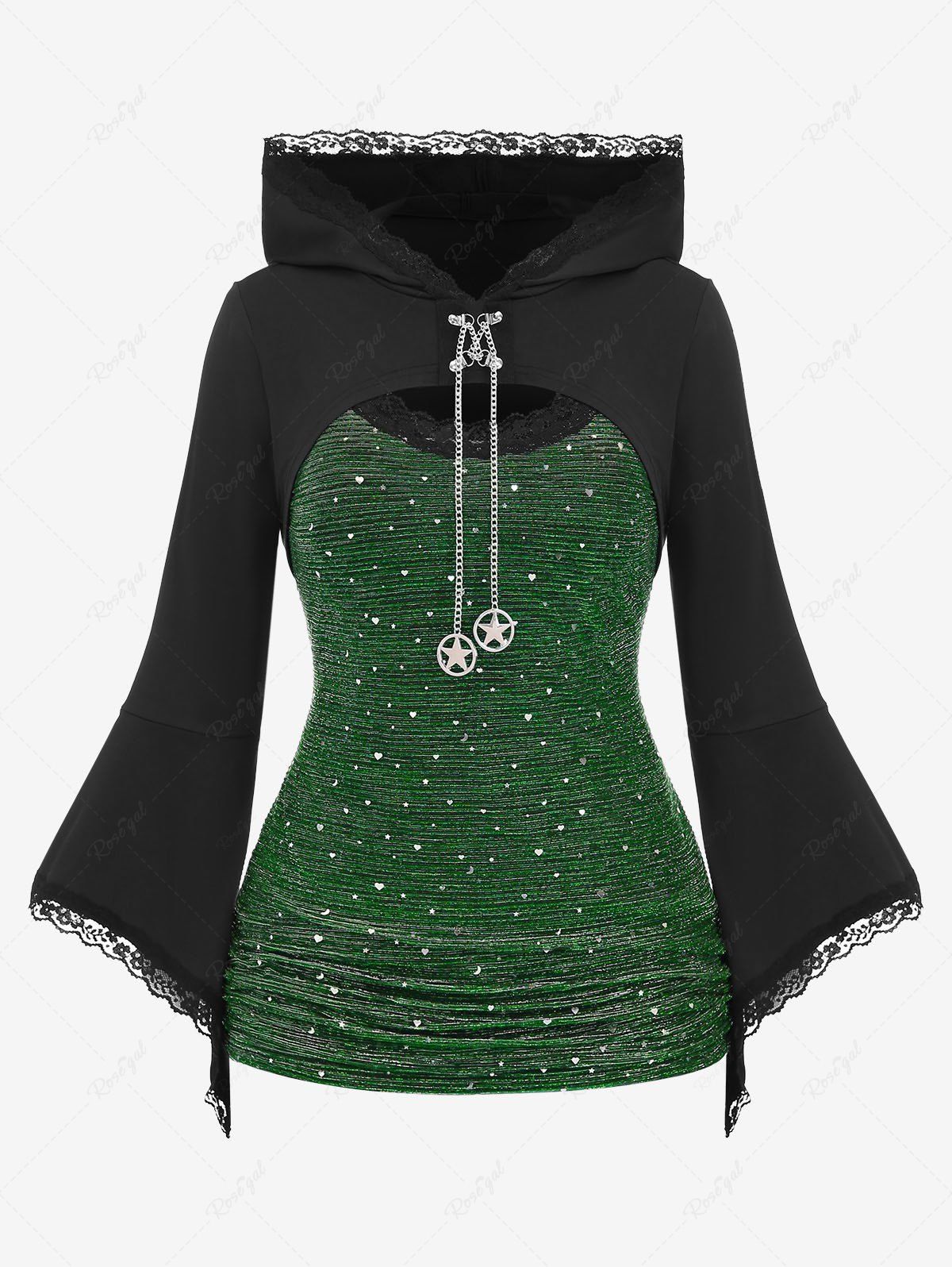 T-shirt à capuche texturé à manches cloche froncées et bordure en dentelle grande taille Turquoise 2X | US 18-20