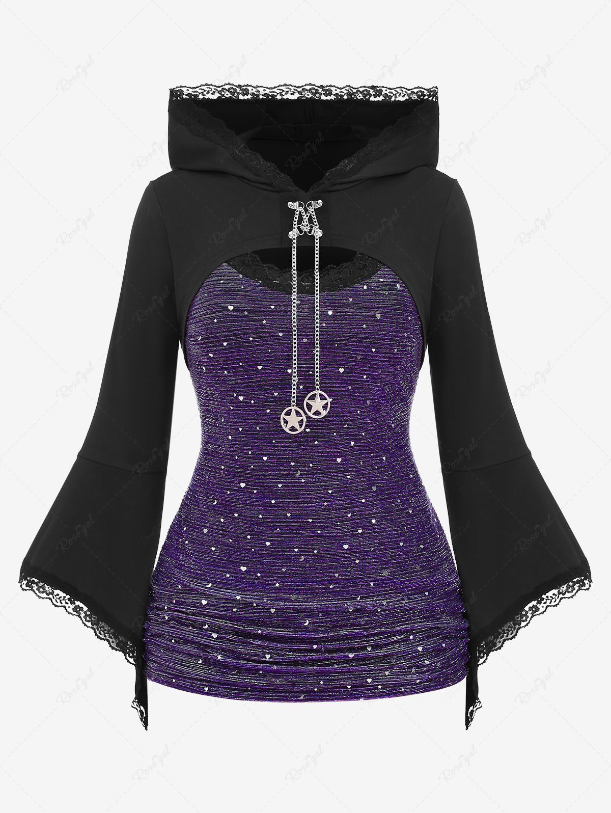 T-shirt à capuche texturé à manches cloche froncées et bordure en dentelle grande taille Concorde 3X | US 22-24