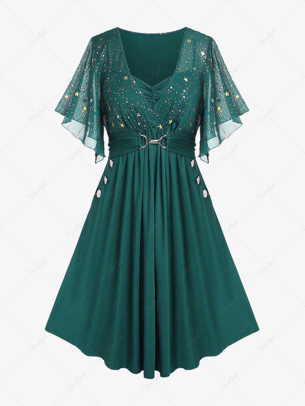 Robe grande taille à imprimé étoiles, poches à boutons et boucles, manches papillon froncées Turquoise 3X | US 22-24