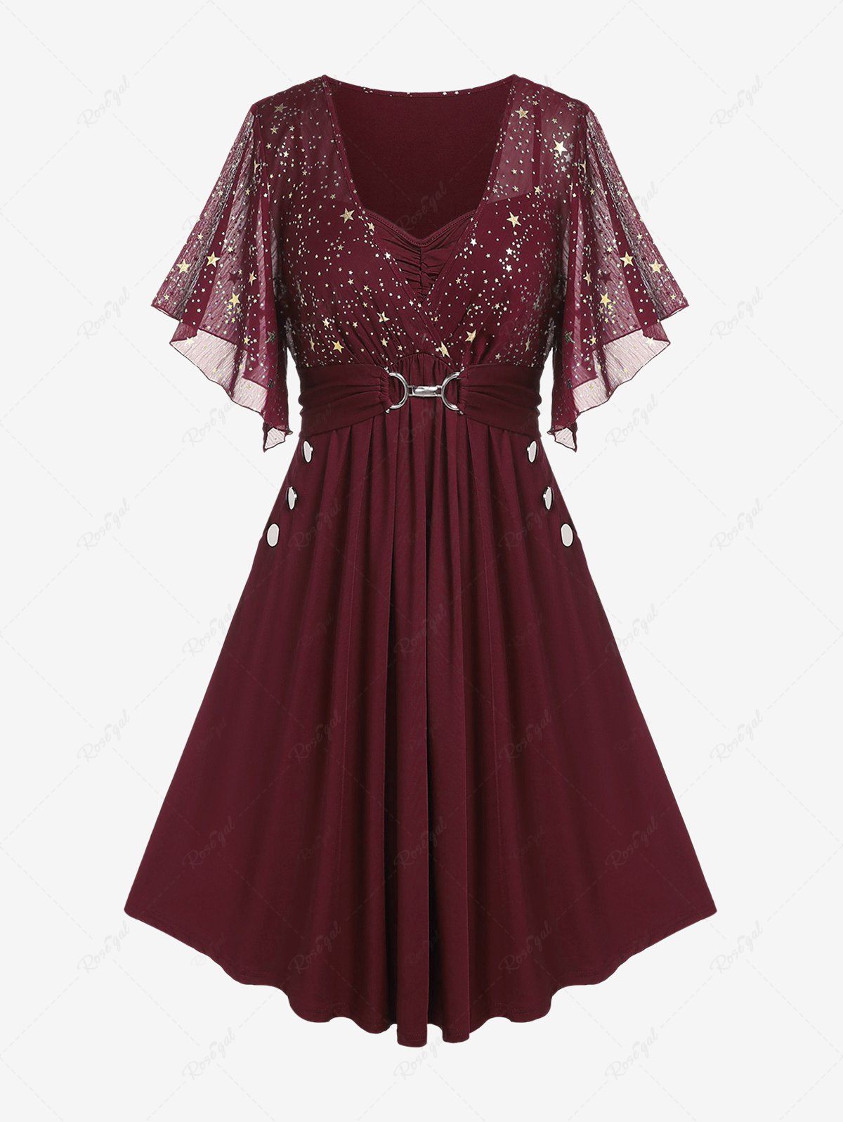 Hot Plus Size Stars Print Buckle Button Pockets Ruched Butterfly Sleeves Dress  