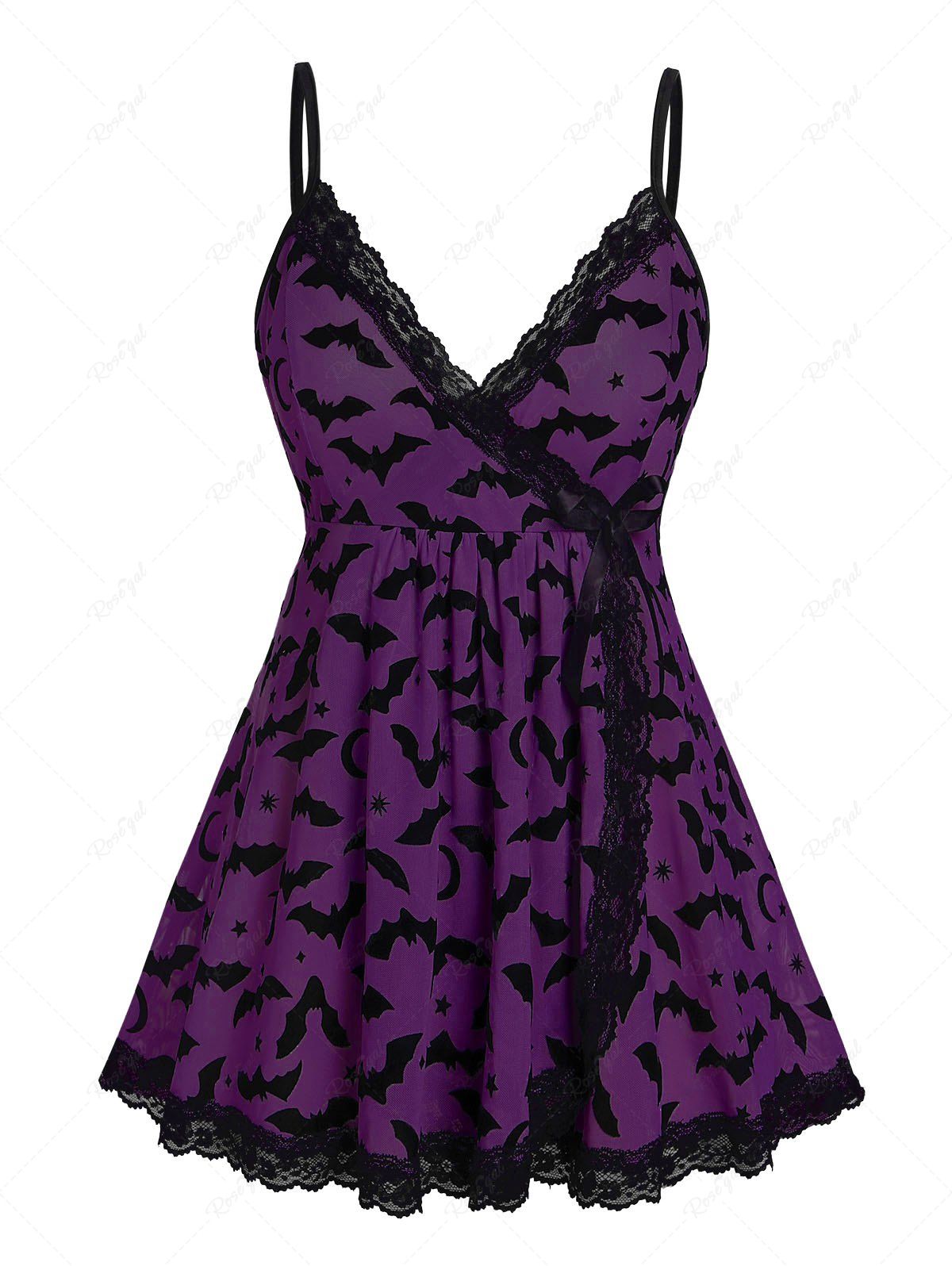 Fashion Plus Size Star Bat Moon Printed Lace Trim Mesh Lingerie Set(Adjustable Shoulder Strap)  