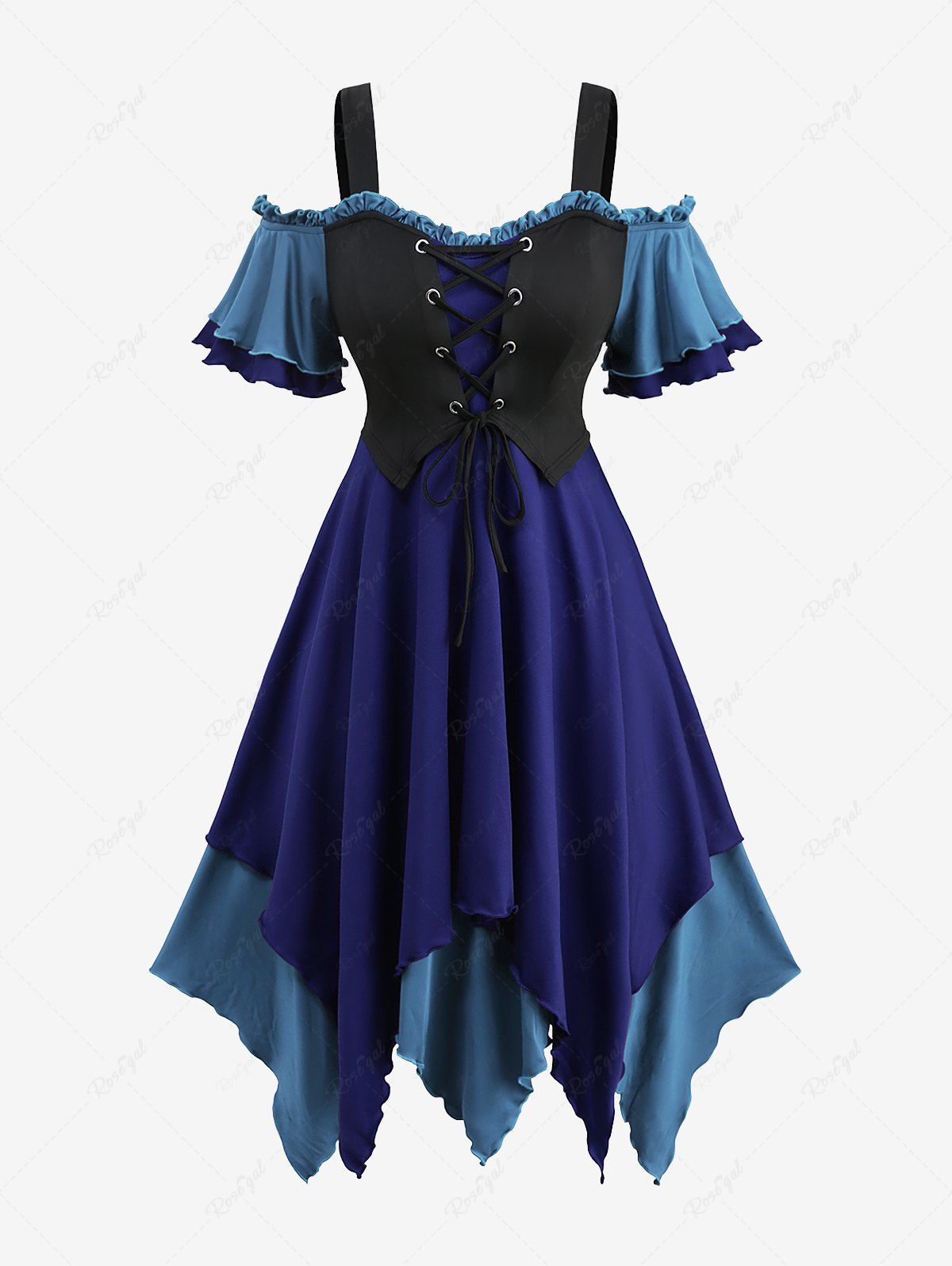 Online Gothic Plus Size Cold Shoulder Lace Up Layered Handkerchief Asymmetric Corset Dress  