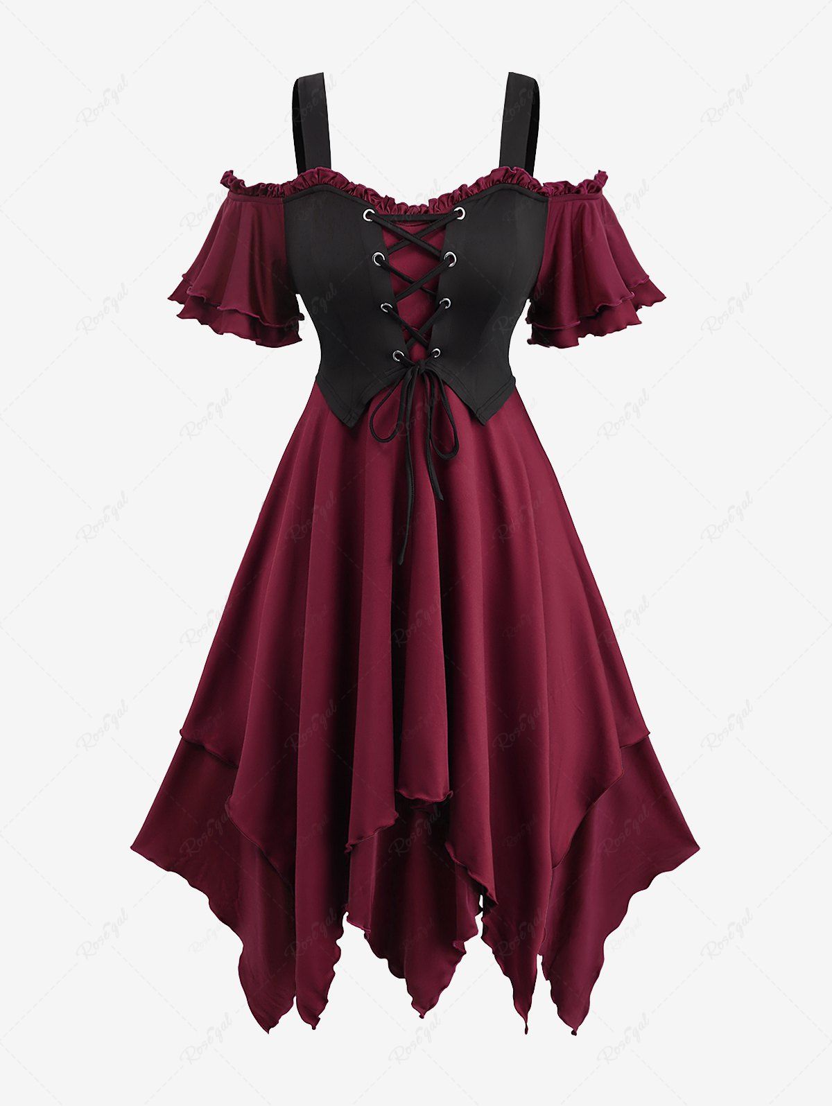 Affordable Gothic Plus Size Cold Shoulder Lace Up Layered Handkerchief Asymmetric Corset Dress  