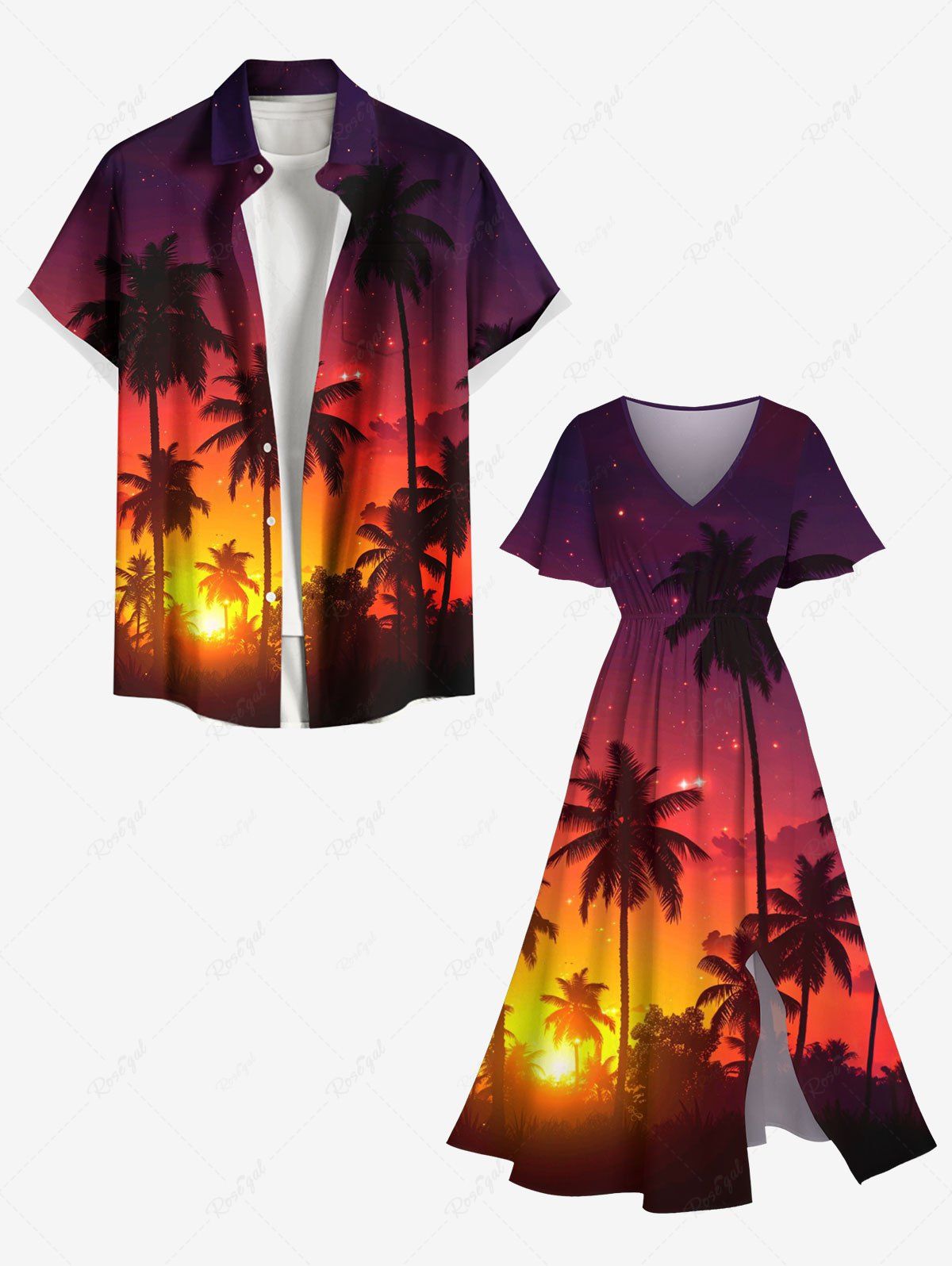 Tenue de plage hawaïenne assortie grande taille à imprimé cocotier et galaxie pour couples Orange Foncé 