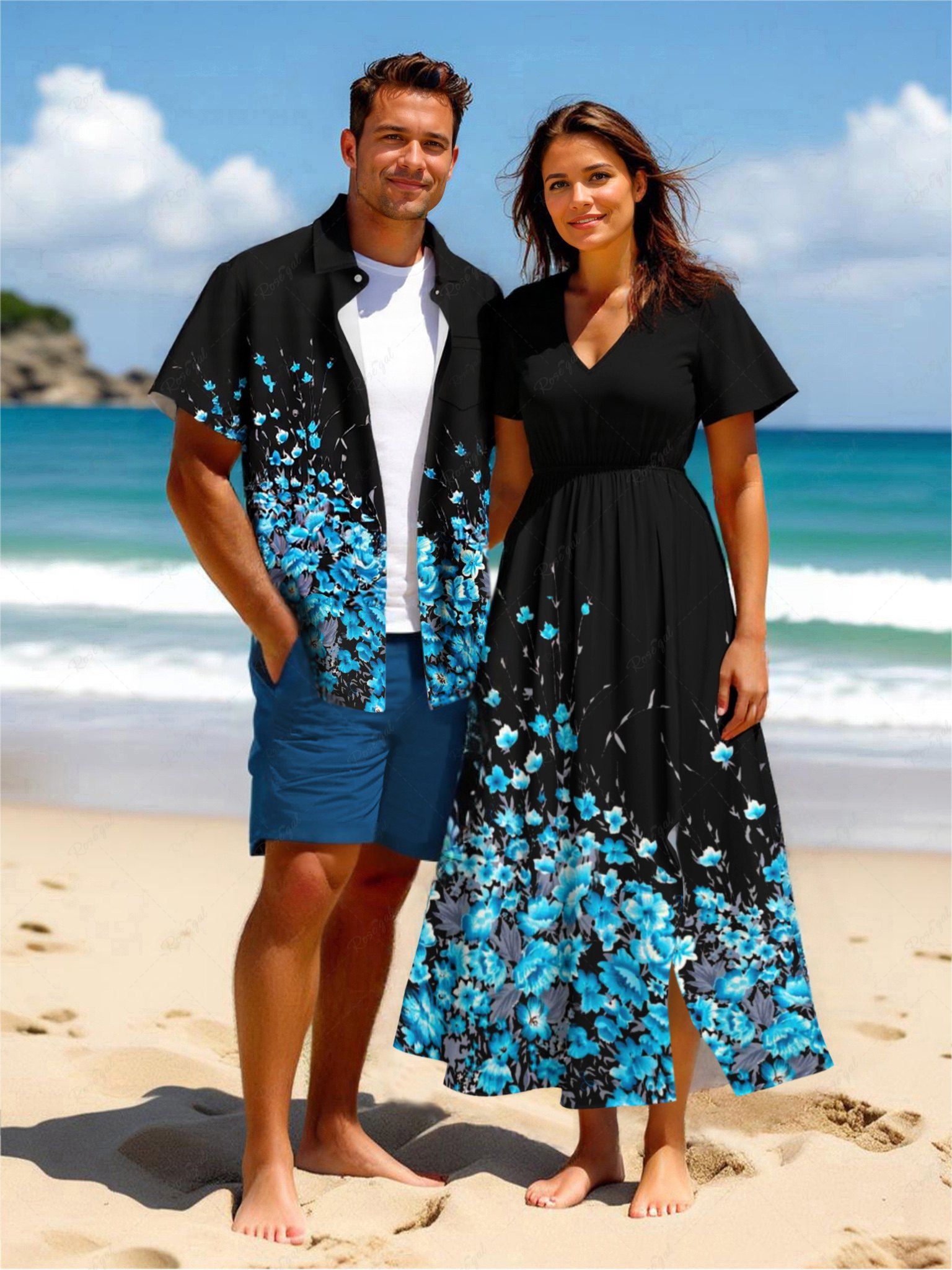 Tenue de plage hawaïenne assortie grande taille à imprimé floral pour couples Noir 