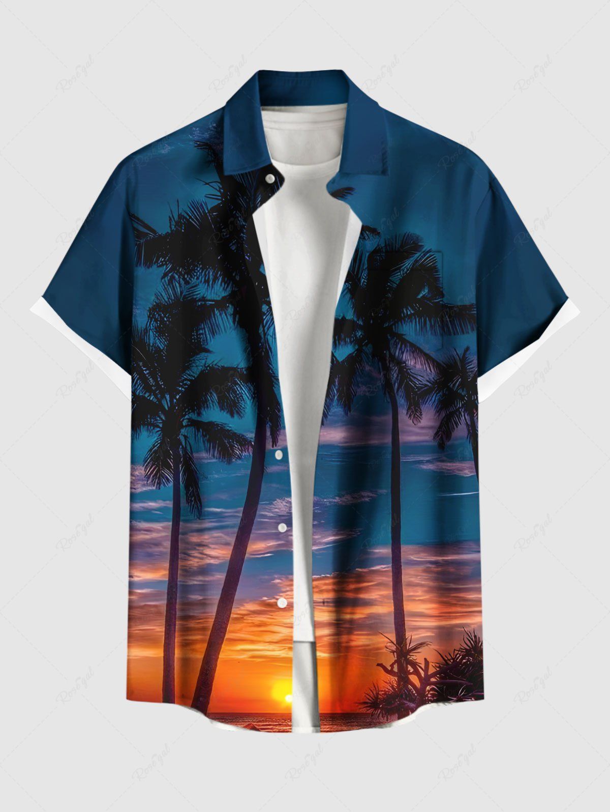 Chemise hawaïenne grande taille à imprimé cocotiers et crépuscule ombré pour homme Bleu 5XL