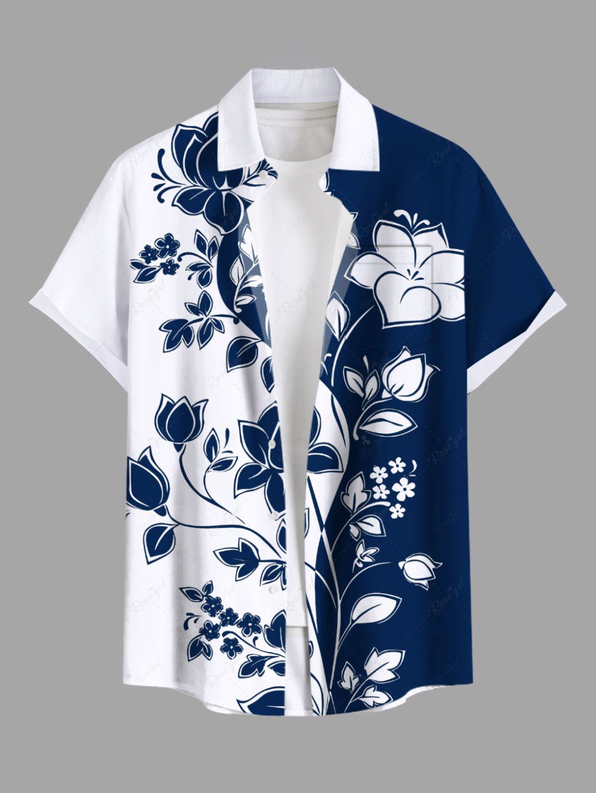 Chemise hawaïenne à boutons et poches, grande taille, imprimé floral bicolore, branches courbes, pour homme Bleu 5XL