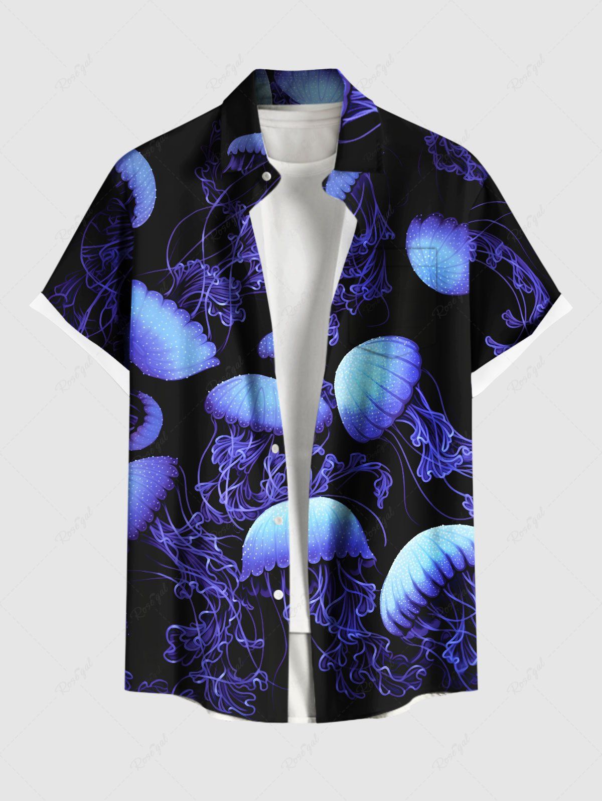 Chemise grande taille à imprimé méduses ombré et poches boutonnées pour homme Bleu profond 3XL