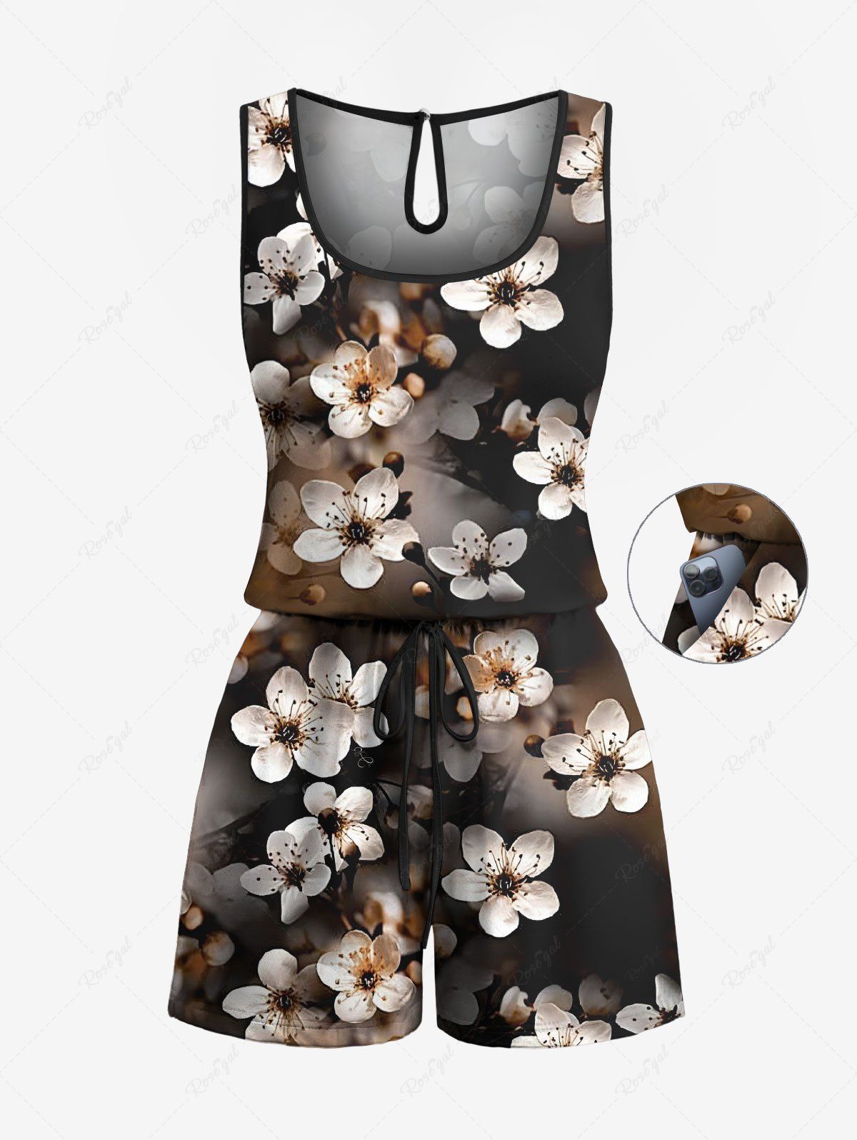 Combinaison hawaïenne grande taille à imprimé fleurs de pêcher ombré et cordon de serrage avec poches Café profond L