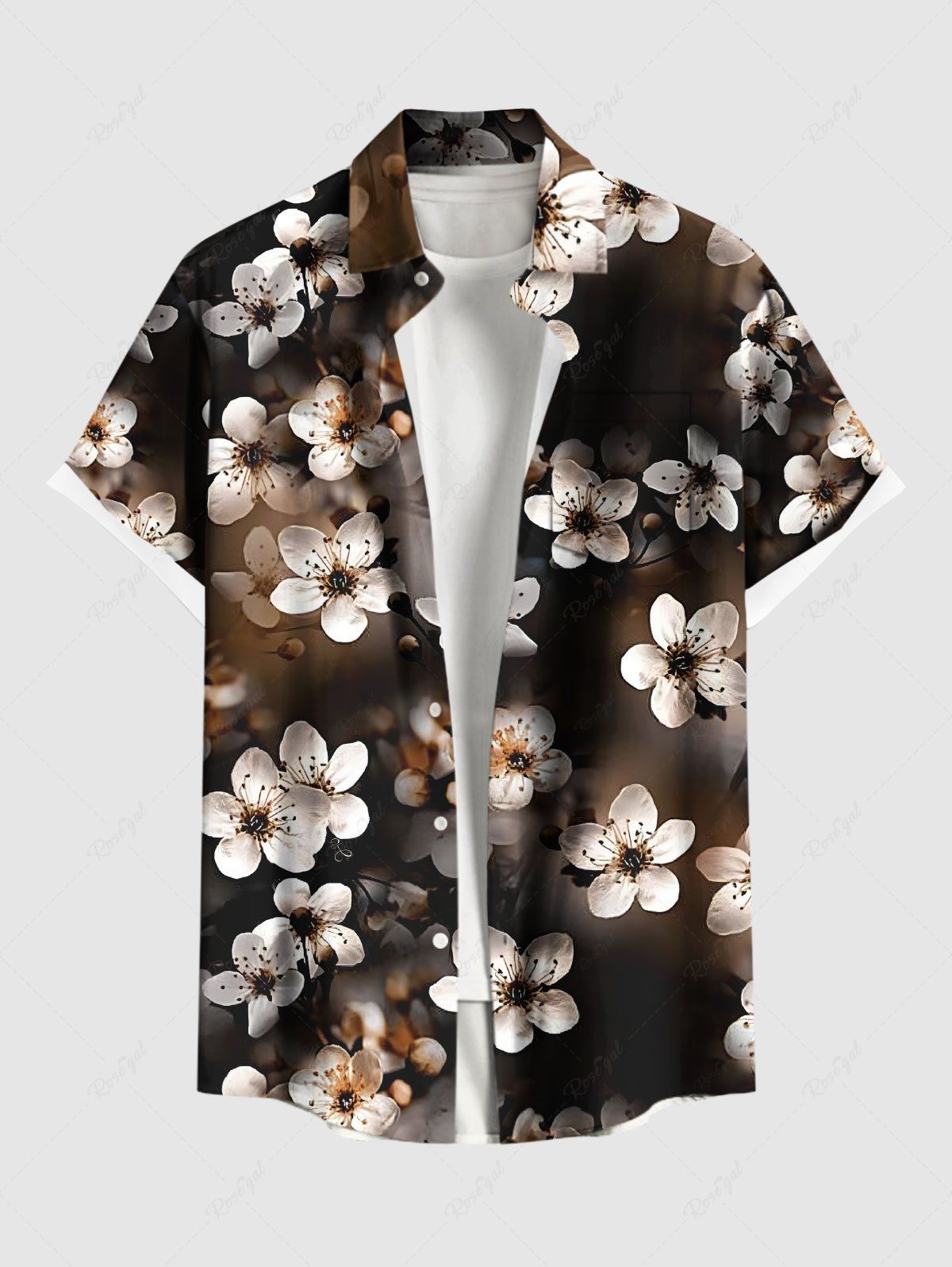 Shop Plus Size Ombre Peach Blossom Flower Print Hawaii Button Pocket Shirt For Men  