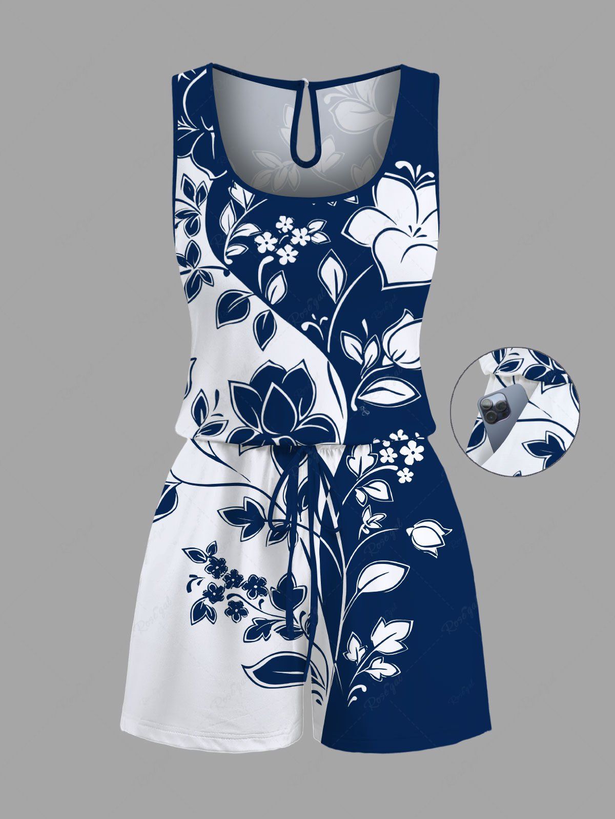 Combinaison hawaïenne bicolore à imprimé floral et branches courbes, grande taille, avec cordon de serrage et poches Bleu profond 1X