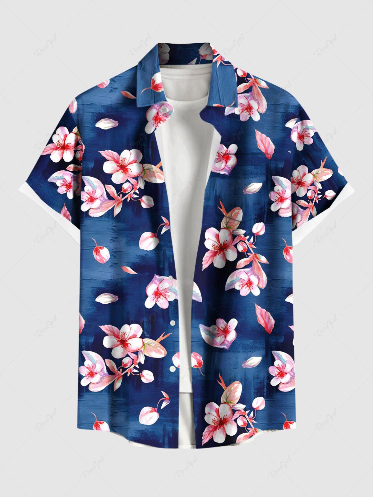 Chemise hawaïenne grande taille à imprimé floral et feuilles ombré avec poches et boutons pour homme Bleu 5XL
