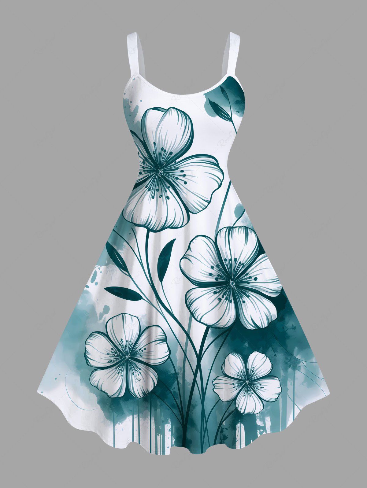 New Plus Size Ink Painting Splatter Flower Branch Print Hawaii A Line Tank Dress  