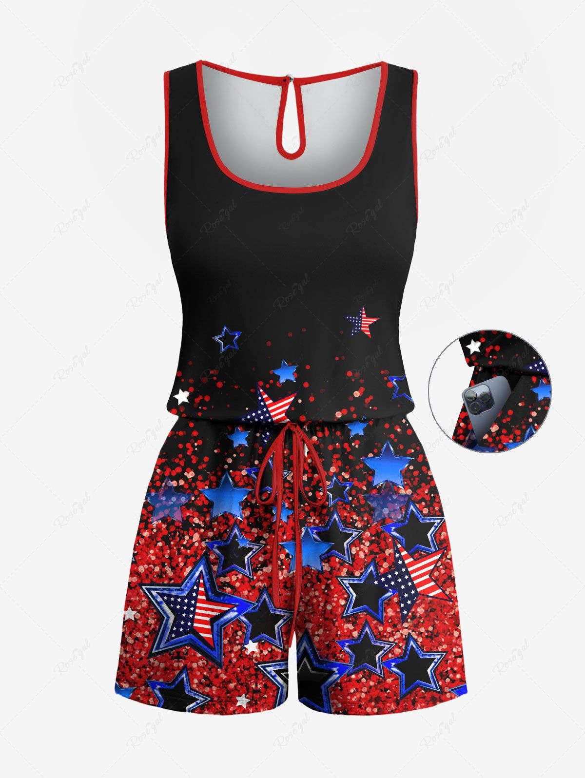 Combinaison grande taille à paillettes et imprimé drapeau américain patriotique avec cordon de serrage et poche Noir M