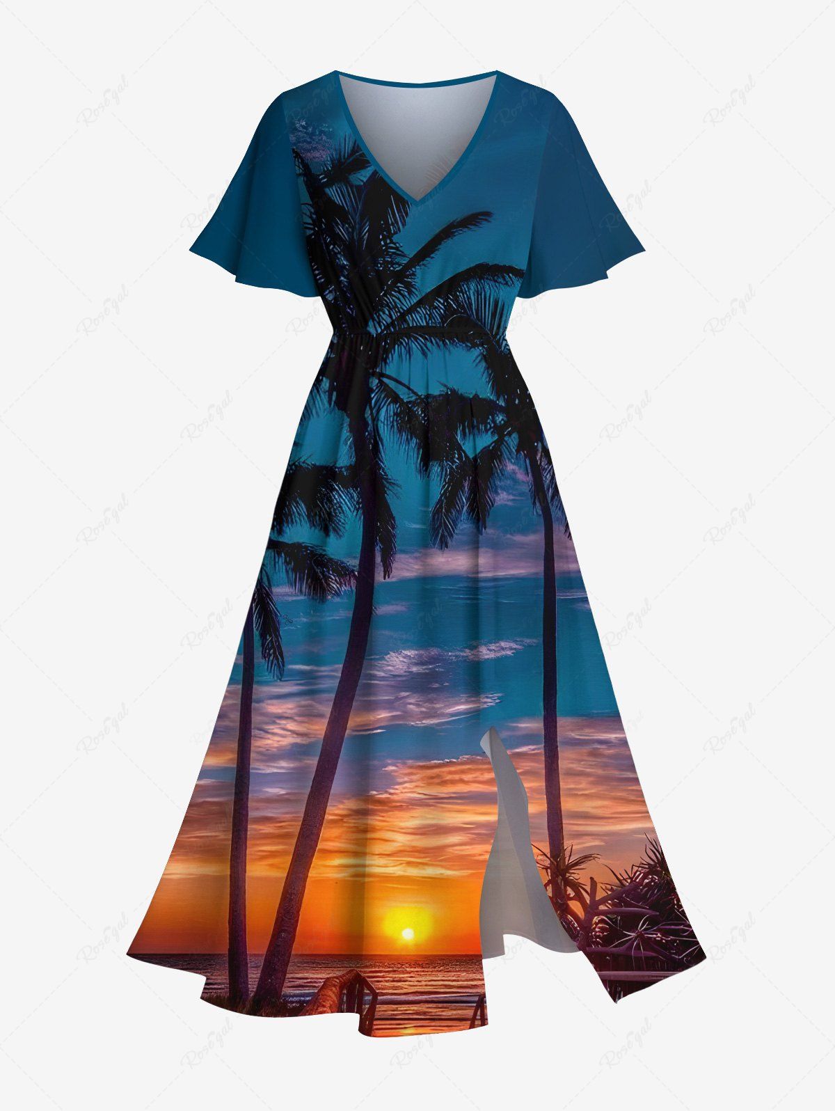 Fancy Plus Size Coconut Tree Ombre Dusk Print Hawaii Split Pocket A Line Midi Dress  