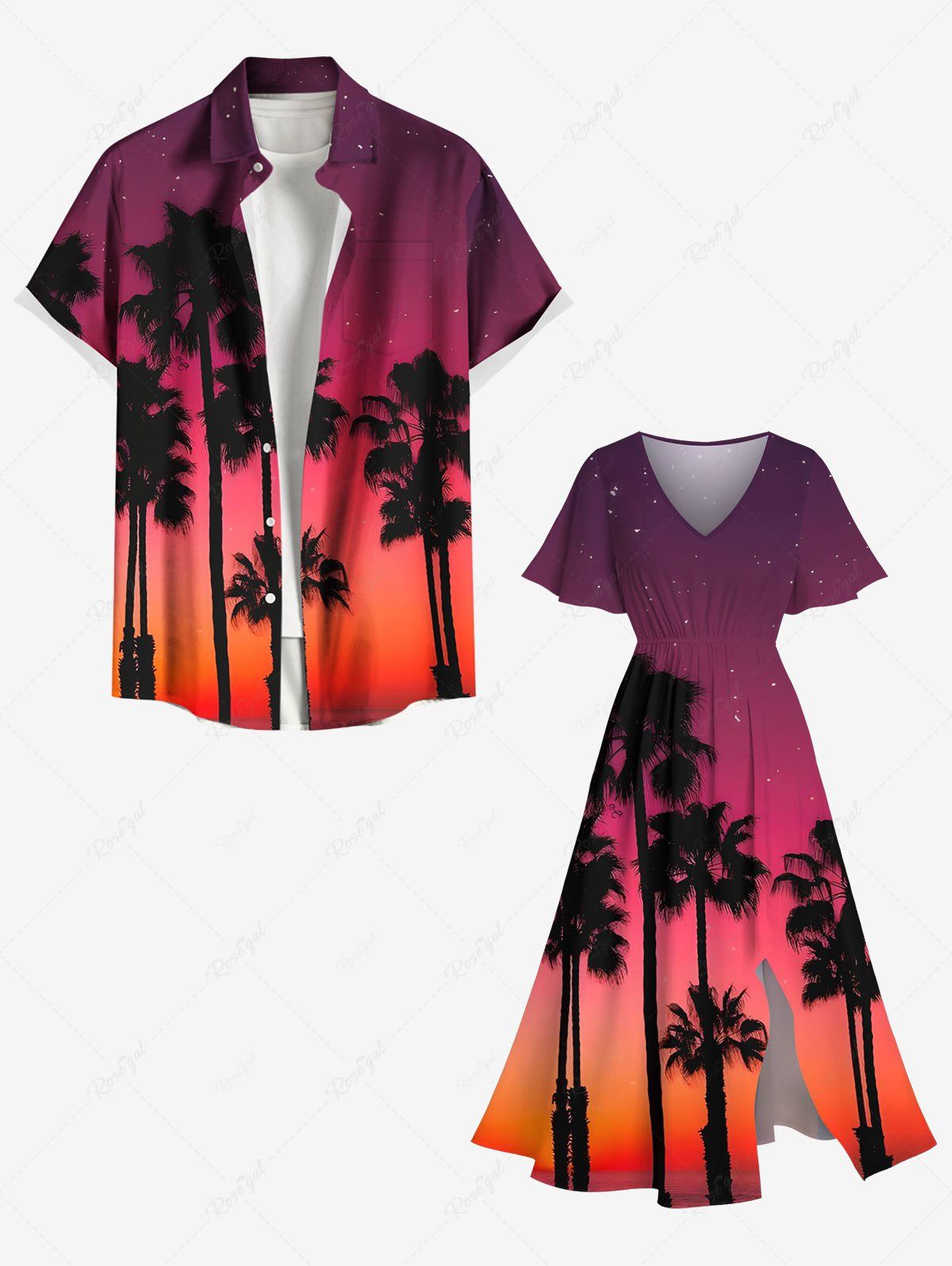 Discount Coconut Tree Ombre Dusk Galaxy Print Plus Size Matching Hawaii Beach Outfit For Couples  