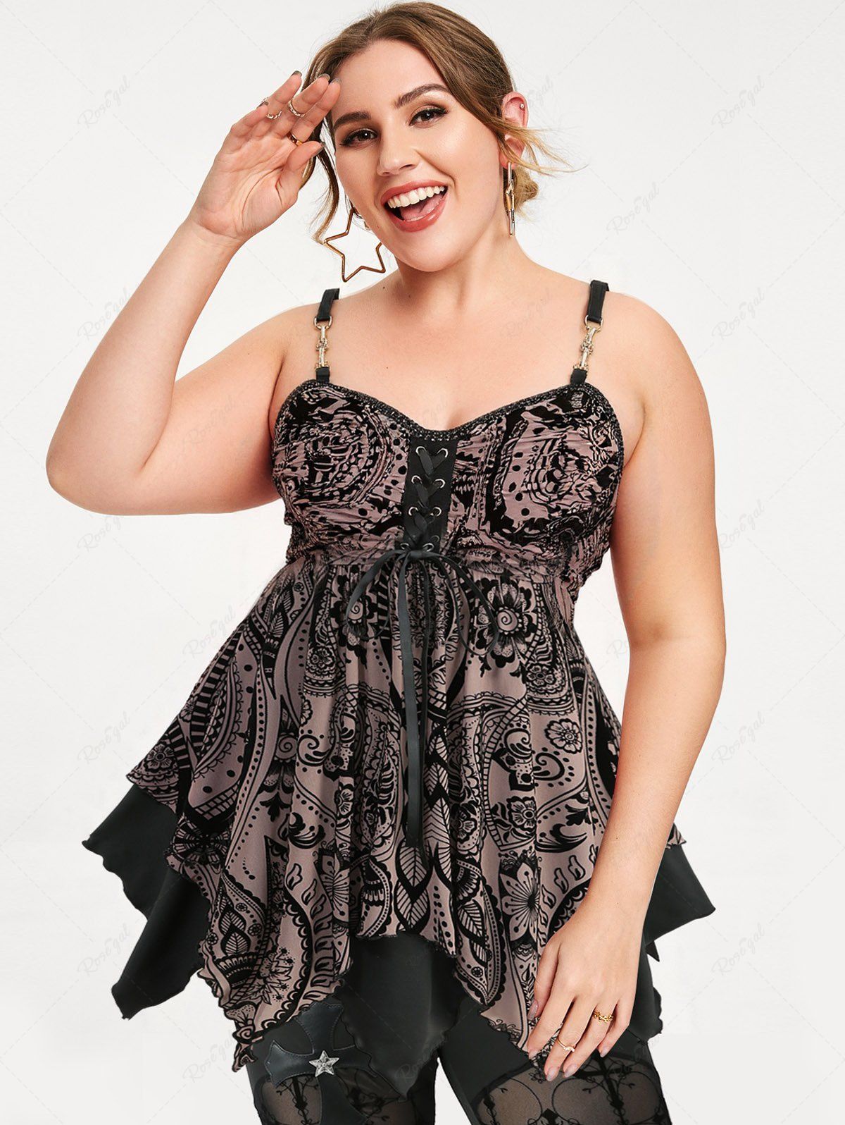 Shop Plus Size Floral Mesh Flocking Lace Up Layered Handkerchief Cami Top(Adjustable Shoulder Strap)  