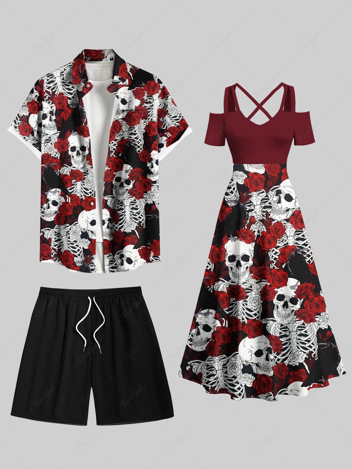 Best Rose Flower Skulls Skeleton Print Plus Size Matching Hawaii Beach Outfit For Couples  