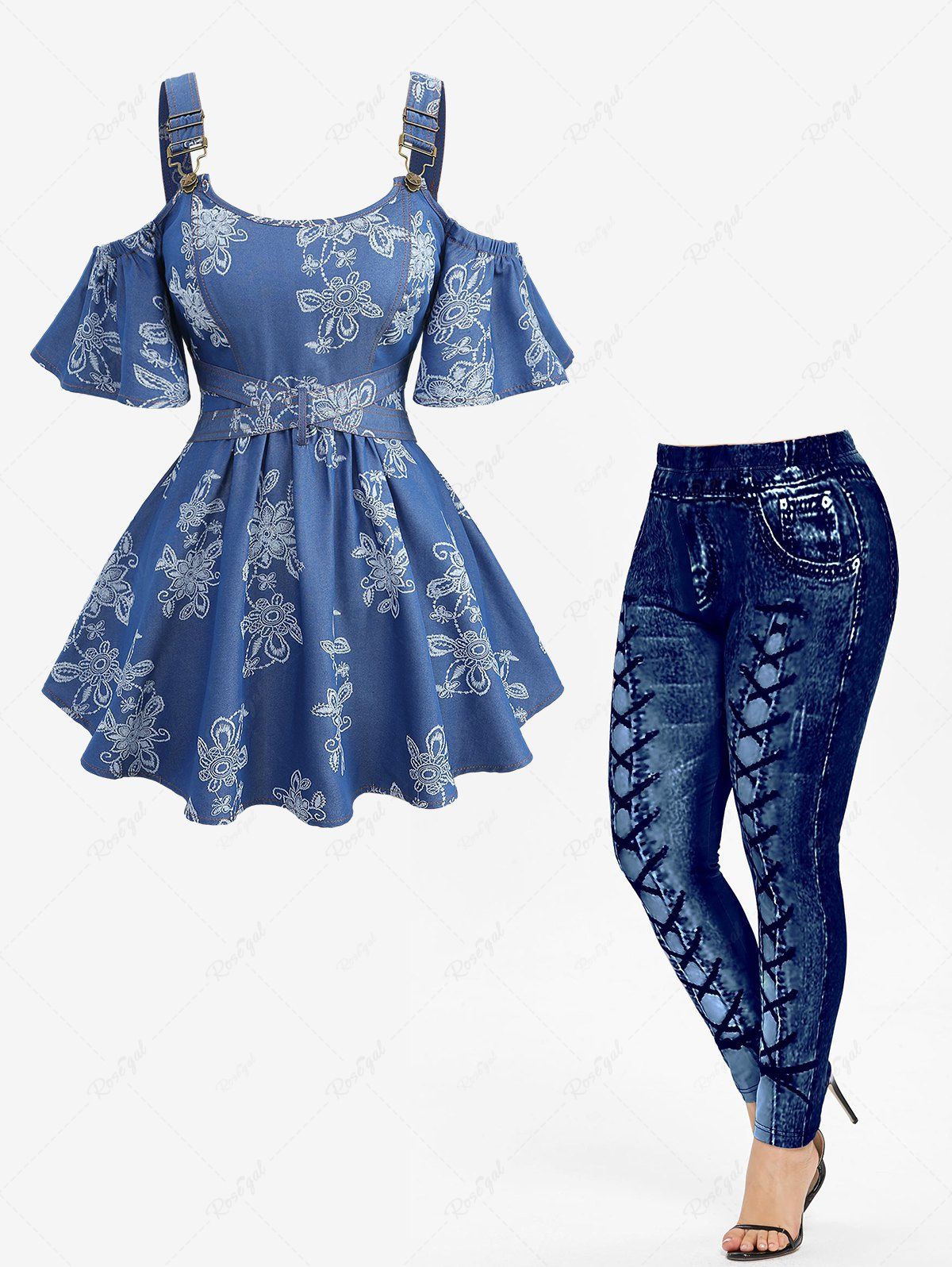 Shops Flowers Leaf Print Crisscross Belted Cold Shoulder Denim Top and Leggings Plus Size Outfit  