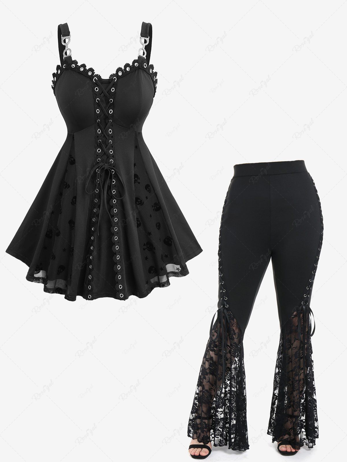 Affordable Flower Mesh Jacquard Embroidery Patchwork Top and Lace Panel Flare Pants Plus Size Outfit  
