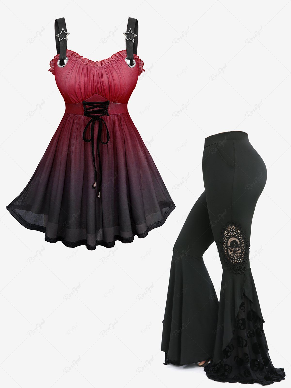 Best Ombre Print Lace Up Tank Top and Skull Flocking Applique Flare Pants Plus Size Outfit  