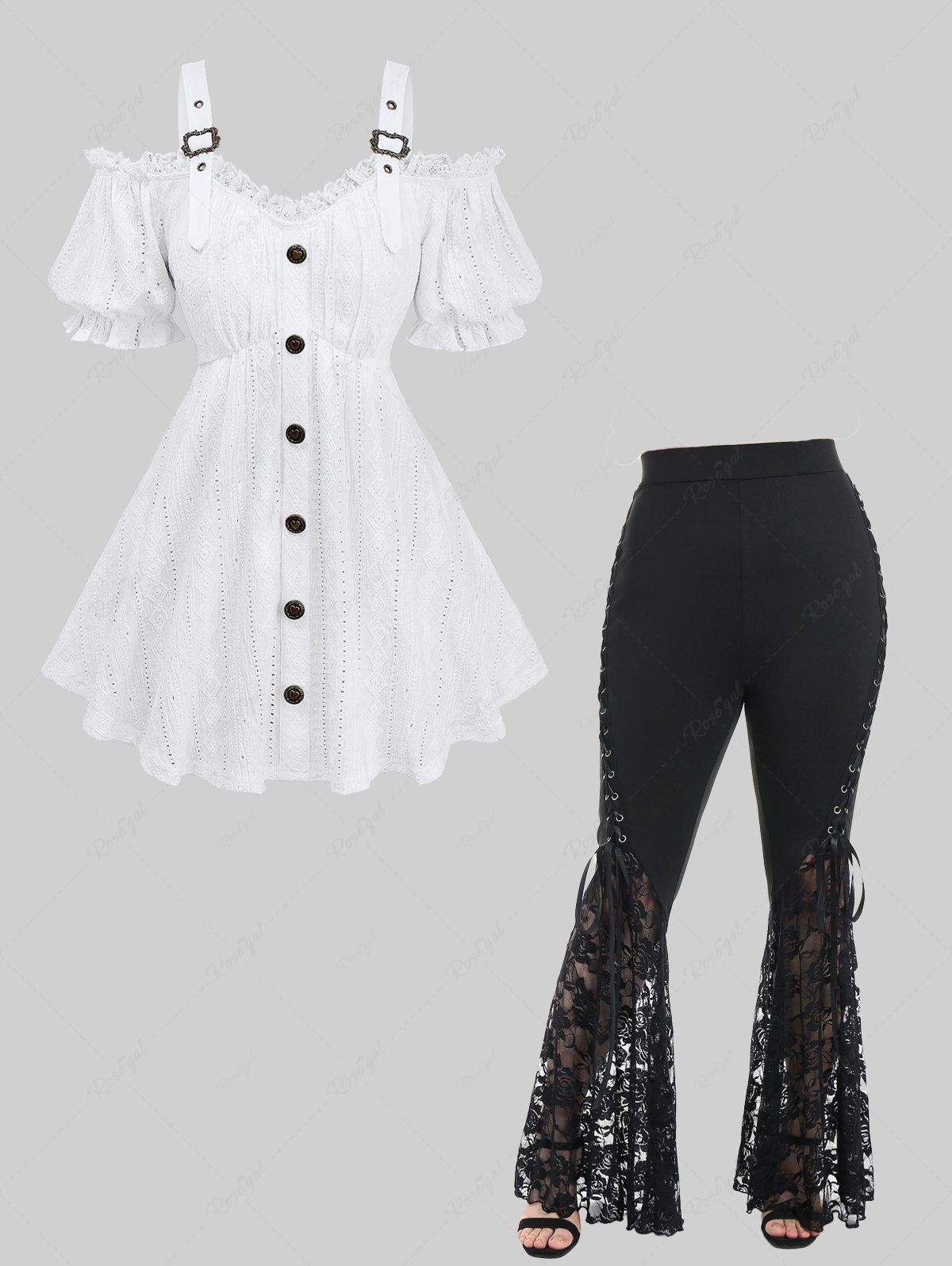 Fancy Embroidery Jacquard Pointelle Hollow Out Top and Lace Panel Flare Pants with Lace-up Plus Size Outfit  