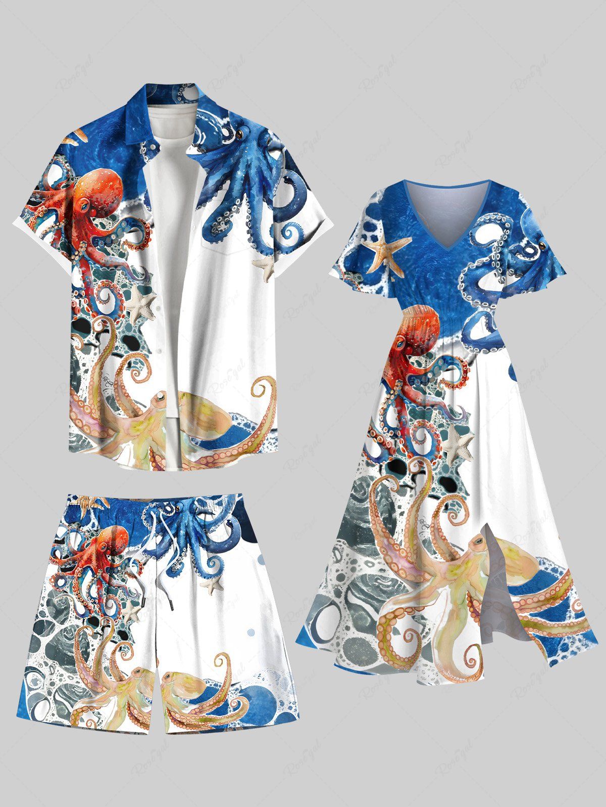 Shops Colorful Octopus Sea Waves Print Plus Size Matching Hawaii Beach Outfit For Couples  