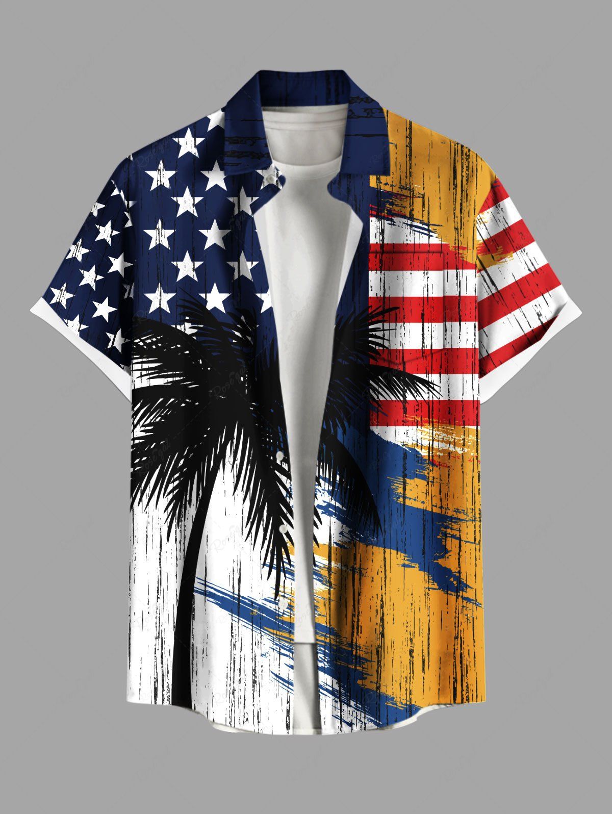 Chemise grande taille à imprimé patriotique drapeau américain et cocotiers, avec boutons et poches, pour homme Jaune 5XL
