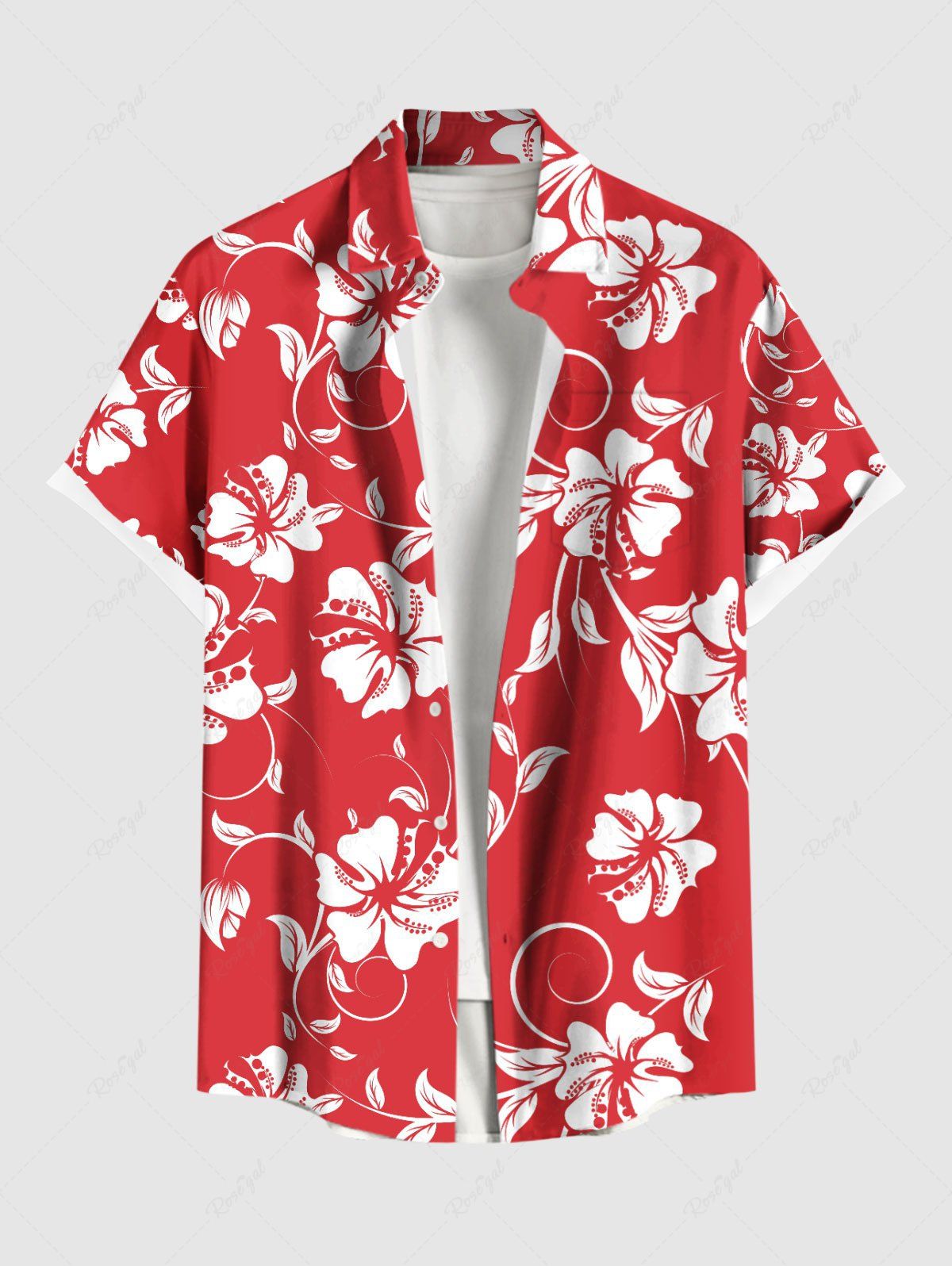 Chemise hawaïenne grande taille à imprimé feuilles tropicales et fleurs d'hibiscus, avec poches et boutons, pour homme Rouge XL