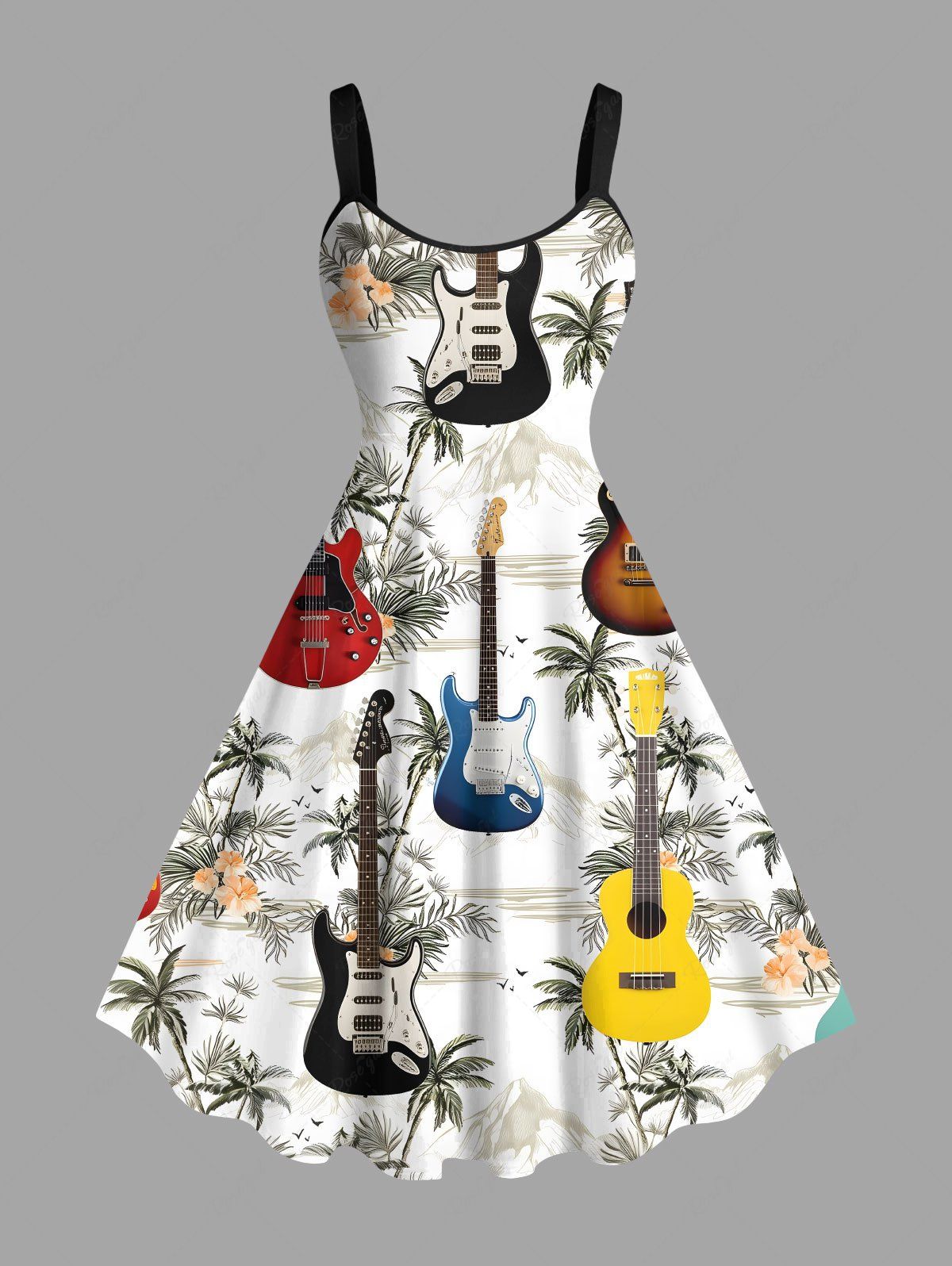 Latest Plus Size Coconut Tree Flowers Guitar Print Hawaii Tank Dress  