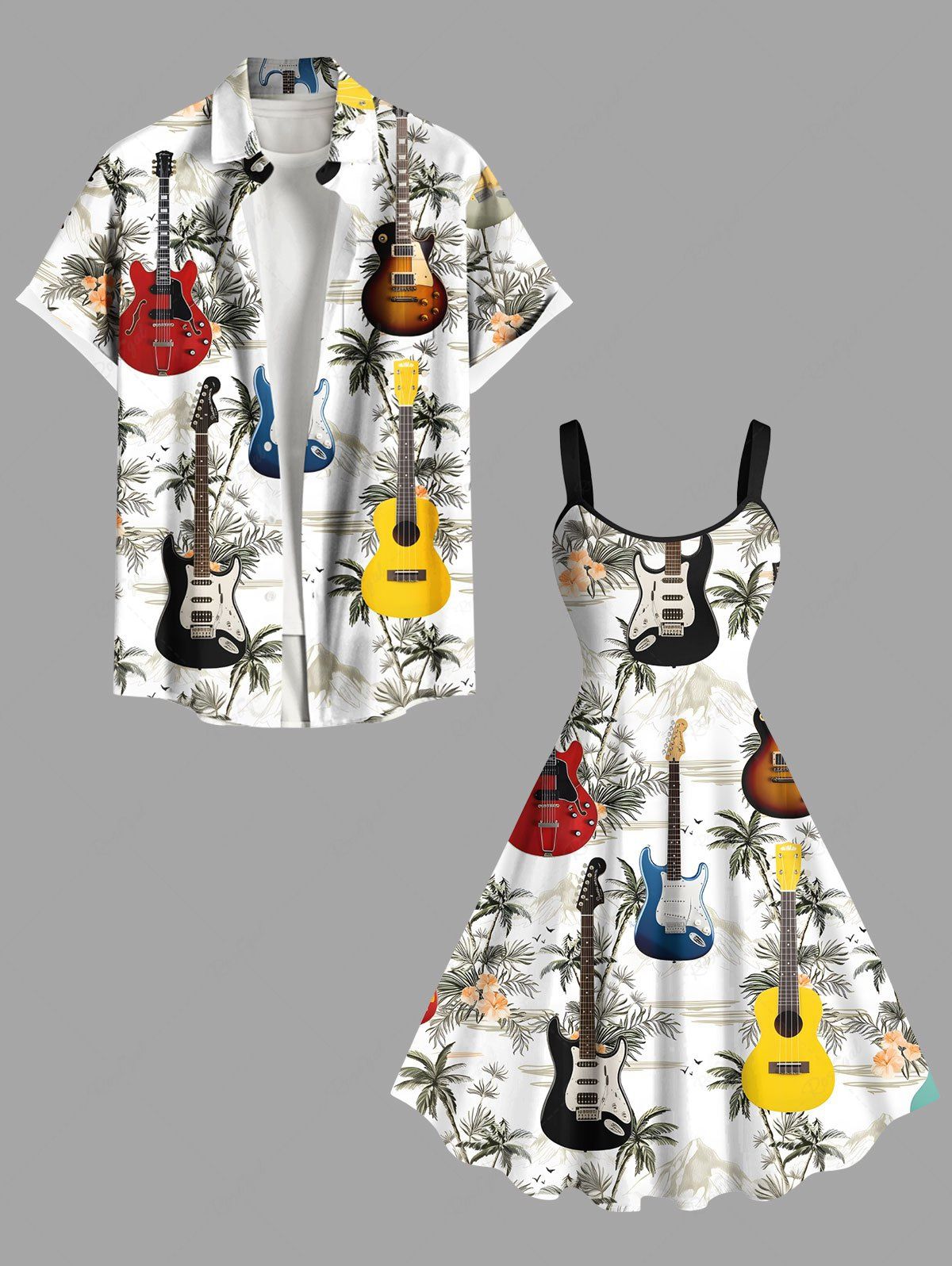 Tenue de plage hawaïenne assortie grande taille à imprimé guitare et fleurs de cocotier pour couples Blanc 