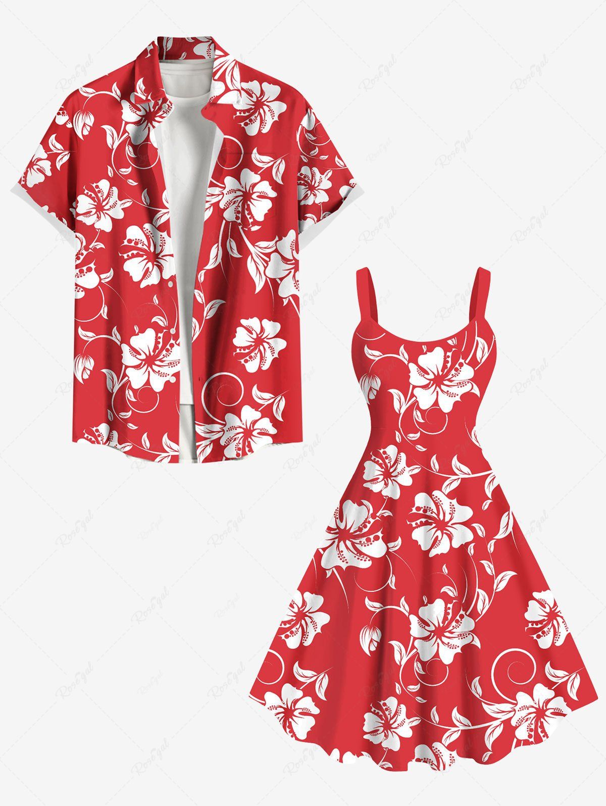 Tropical Leaf Hibiscus Flowers Print Plus Size Matching Hawaii Beach Outfit For Couples