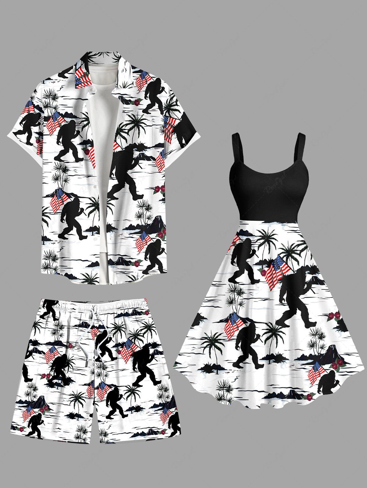 Cheap Patriotic American Flag Coconut Tree Gorillas Print Plus Size Matching Outfit For Couples  
