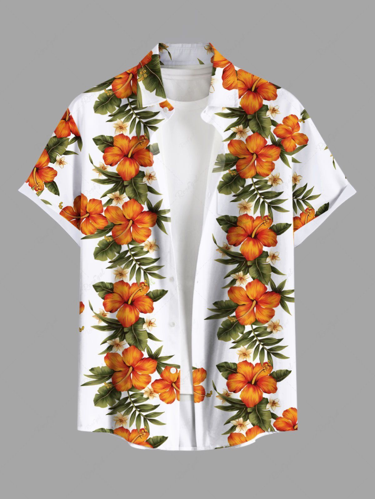 Chemise hawaïenne grande taille à imprimé feuilles tropicales et fleurs d'hibiscus, avec poches et boutons, pour homme Blanc 2XL