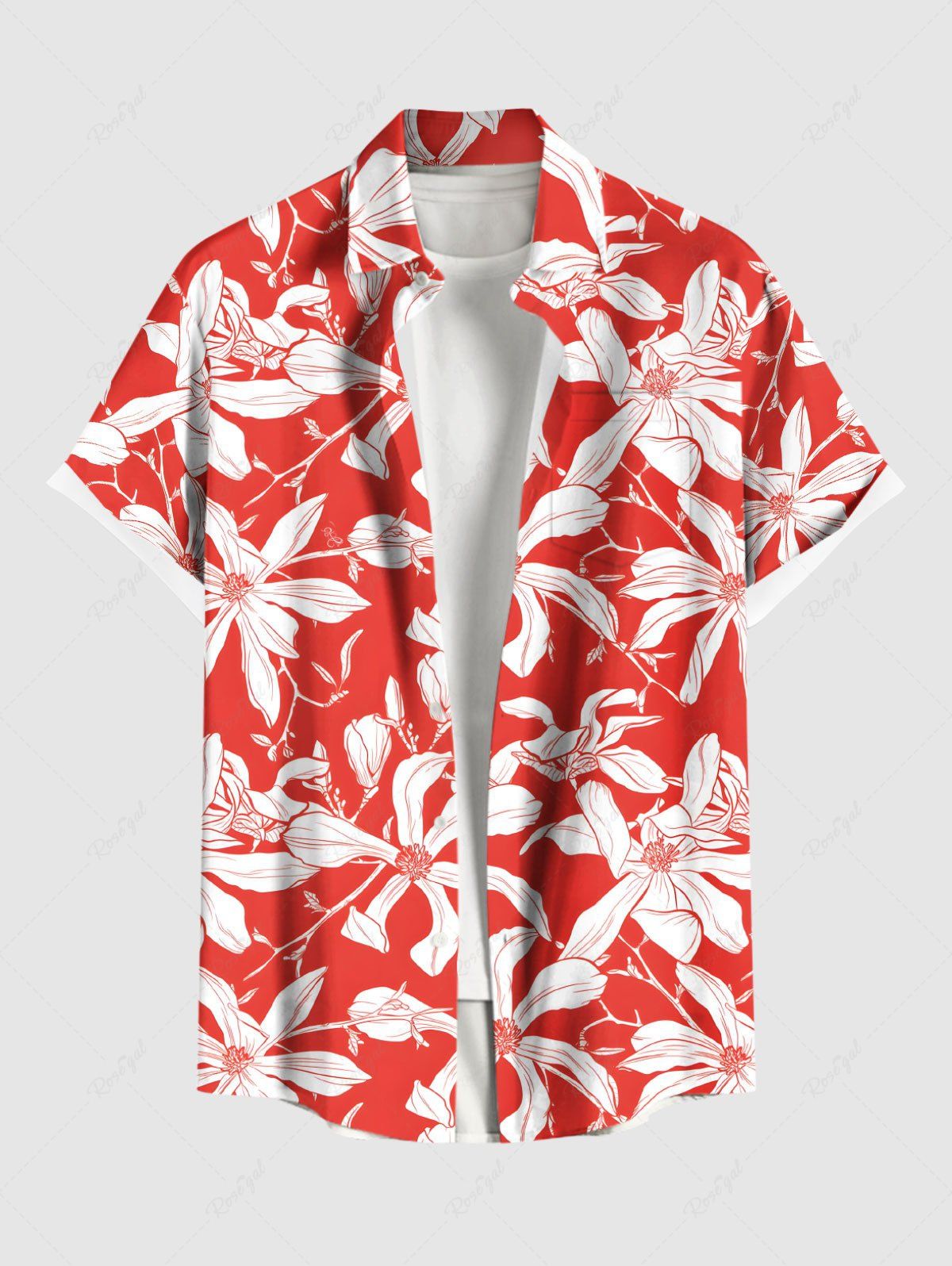 Chemise hawaïenne grande taille à imprimé fleurs tropicales et poches boutonnées pour homme Rouge 2XL