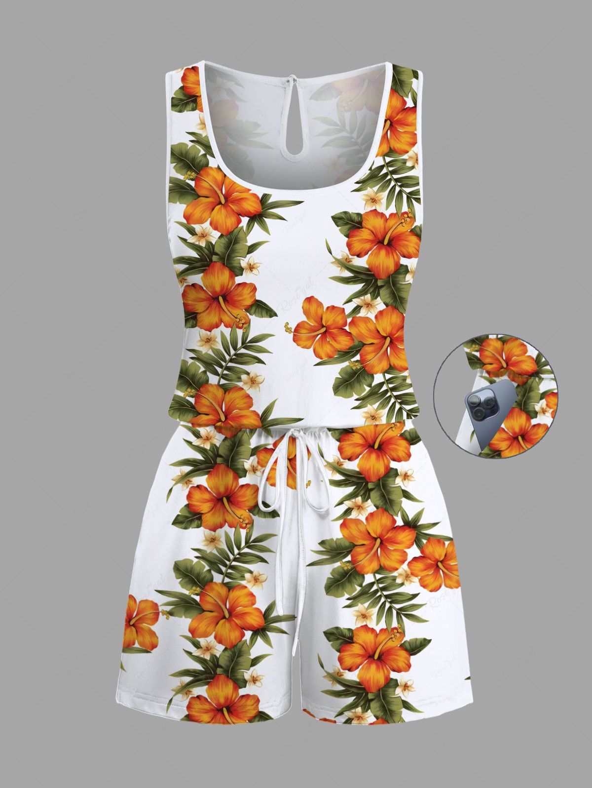 Combinaison hawaïenne cintrée grande taille à imprimé feuilles tropicales et fleurs d'hibiscus Blanc L