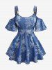 Flowers Leaf Print Crisscross Belted Cold Shoulder Denim Top and Leggings Plus Size Outfit -  
